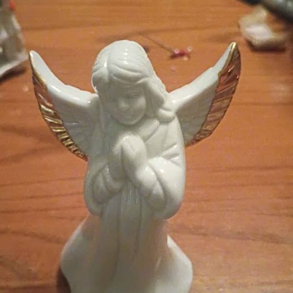 White Porcelain Praying Angel bell Figurine with Gold Trim